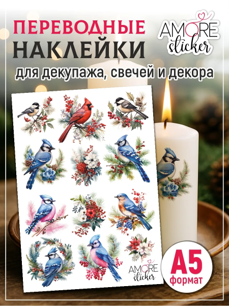 Фото товара наклейки на свечи водные для декупажа зимние птицы Наклейки на свечи водные для декупажа зимние птицы из каталога Наклейки декупажные для декора свечей, яиц, изделий из гипса в интернет-магазине BPW.style