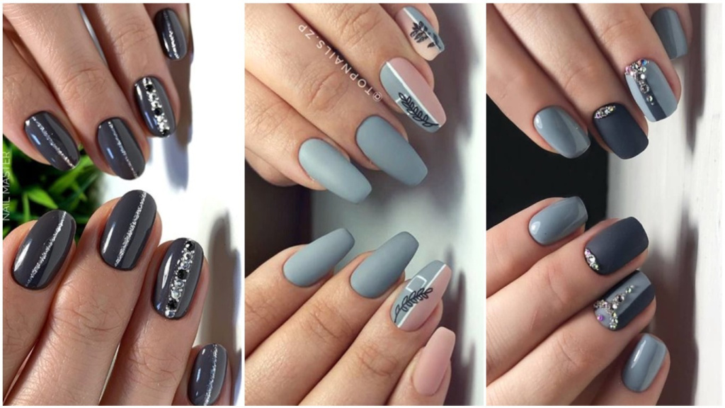 Фото темного маникюра - идеи дизайнов серого маникюра 2022 года на короткие и длинные ногти