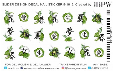 Слайдер-дизайн Иероглифы с тропическими листьями из каталога Цветные на любой фон, в интернет-магазине BPW.style